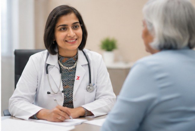 Dr. Deepali Tukaye consulting with an older adult patient during an office visit